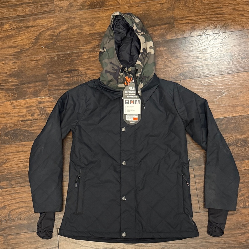 Black Quilted Snow Jacket with Camouflage Hood